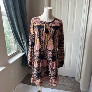 Calypso St Barth Paisley Print Silk Tassel‎ Tie Neck Long Sleeve Mini Dress XS